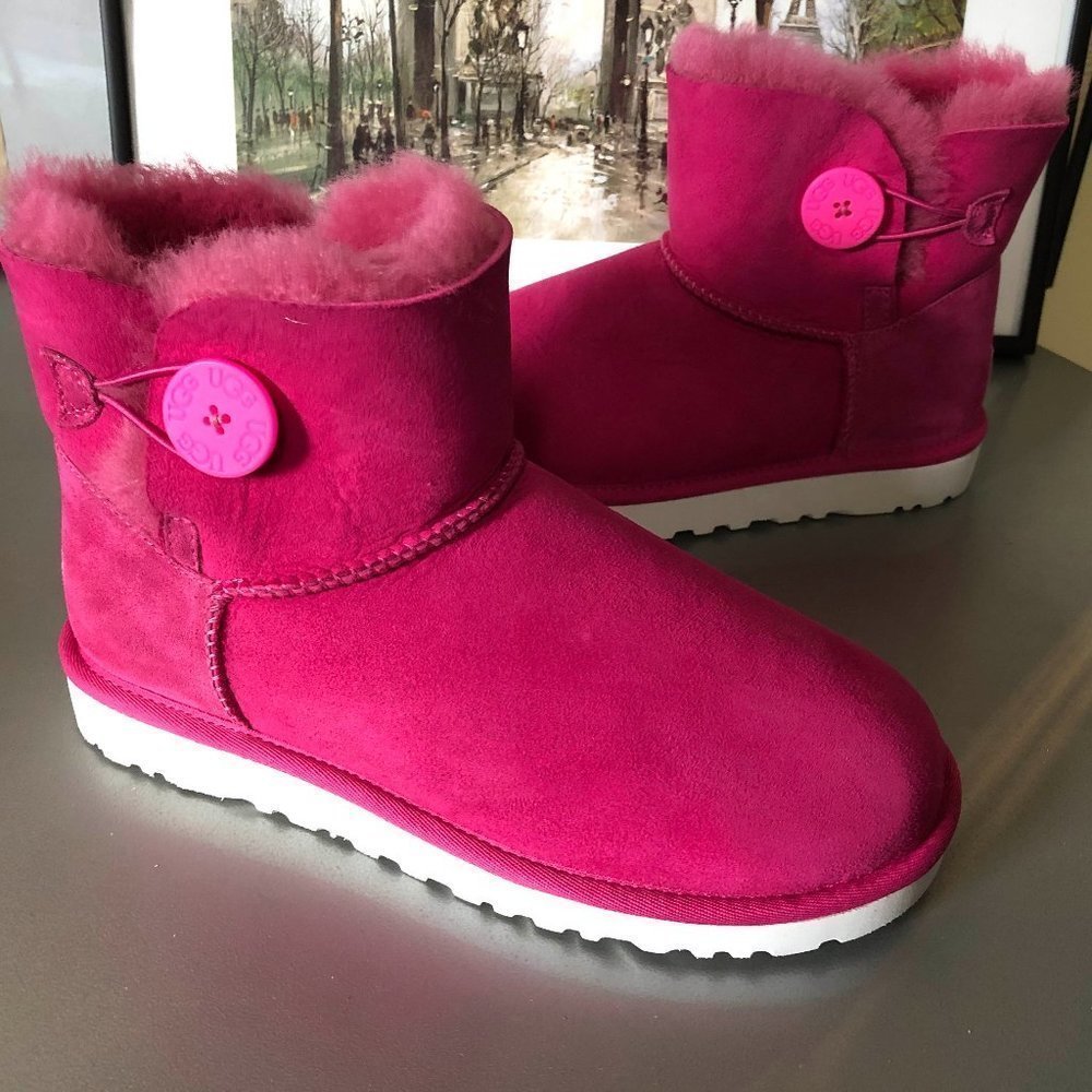UGG Pink Button Mini Suede Shearling Ankle Boots